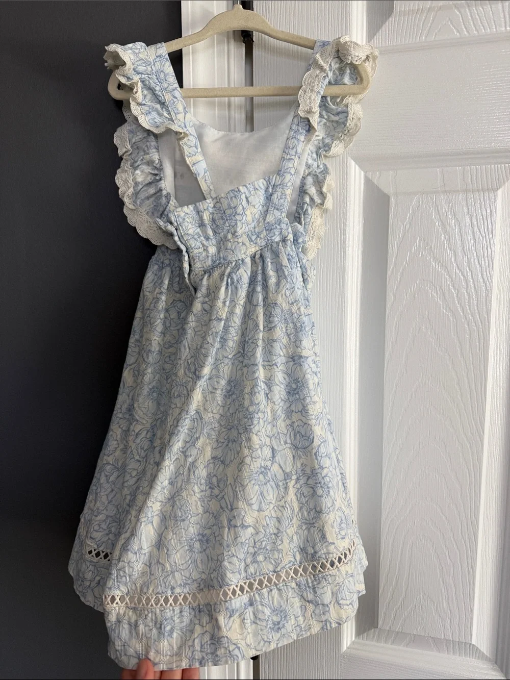 Girls Blue Floral Ruffle Dress with Lace Trim and Purse